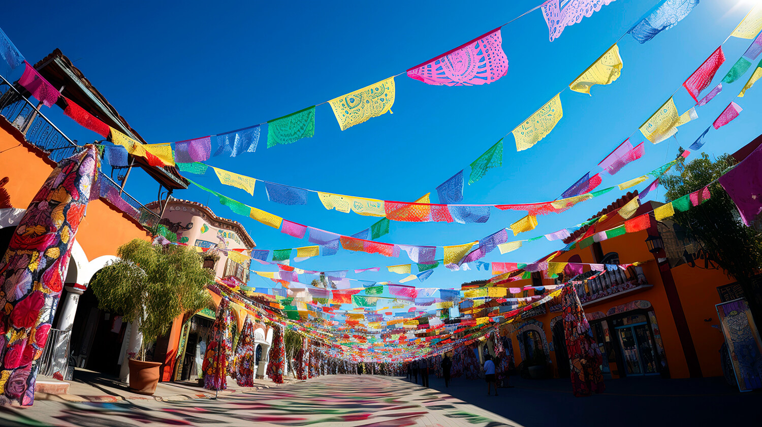 Eine festlich geschmückte Strasse mit traditioneller mexikanischer Dekoration