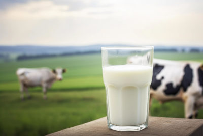 Ein Glas Milch auf einem Tisch mit Kühen im Hintergrund, Generative AI