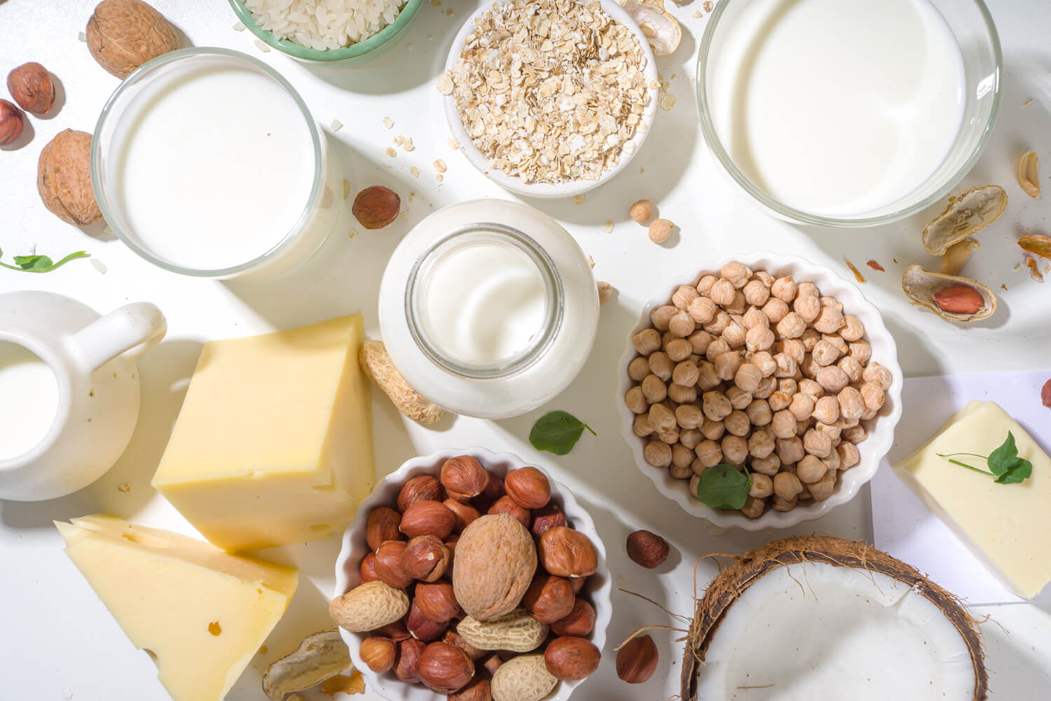 Vegane milchfreie Produkte. Pflanzliche alternative Milchprodukte - Milch, Sahne, Butter, Joghurt, Käse, mit Zutaten - Kichererbsen, Haferflocken, Reis, Kokosnuss, Nüsse