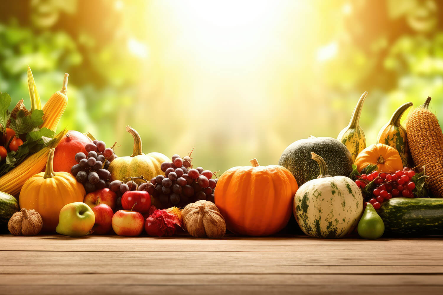 Saisonales Obst und Gemüse auf einem Holztisch in der Spätsommersonne
