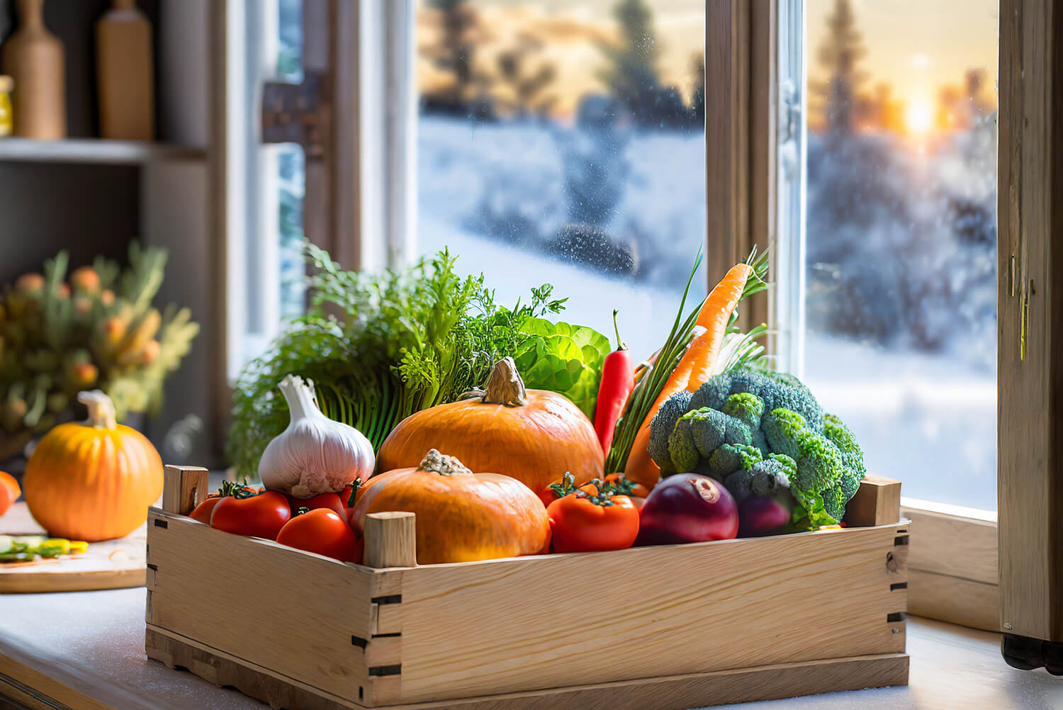 Gemüsekiste vor Küchenfenster mit Winterlandschaft